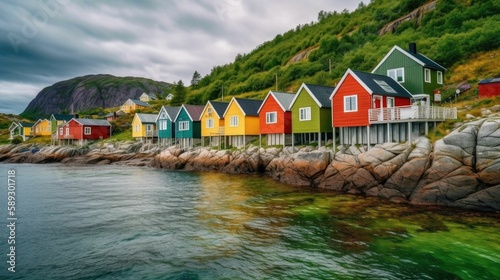 Traditional scandinavian houses of many colors bordering a lake. Generative AI illustration.