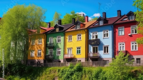 Colorful houses facade in a norwegian style. Generative AI illustration.