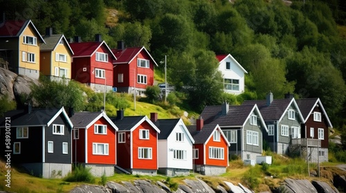 Traditional norwegian colorful houses in a hill. Generative AI illustration. 