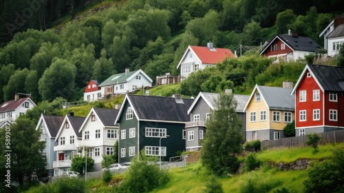 Colorful scandinavian houses in the hills. Generative AI illustration.