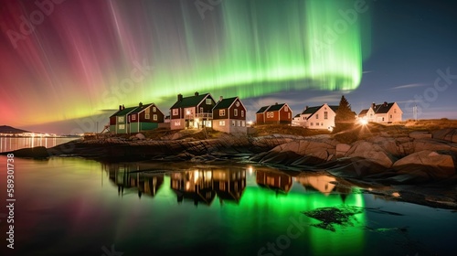 Panorama of an aurora borealis over a scandinavian coastal city white colorful houses. Generative AI illustration. © Tuyres