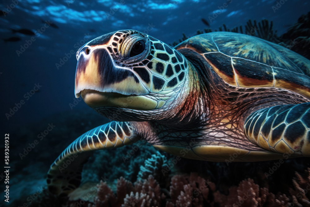 Obraz premium Graceful Sea Turtle Portrait Swimming in the Ocean