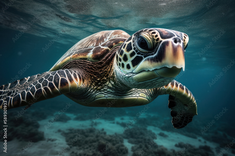 Obraz premium Graceful Sea Turtle Portrait Swimming in the Ocean