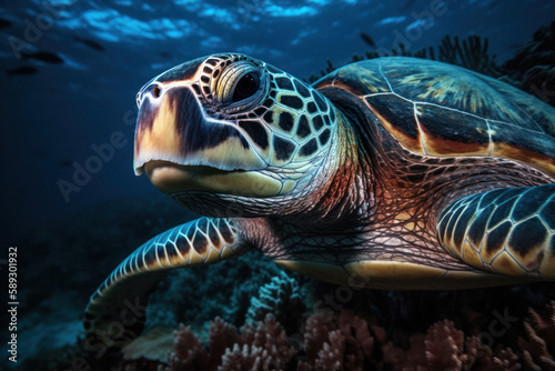 Graceful Sea Turtle Portrait Swimming in the Ocean © Georg Lösch