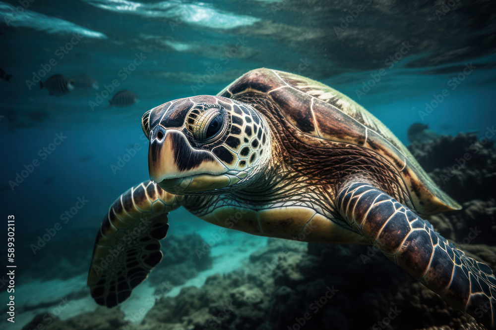 Obraz premium Graceful Sea Turtle Portrait Swimming in the Ocean