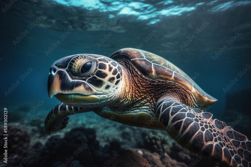 Graceful Sea Turtle Portrait Swimming in the Ocean