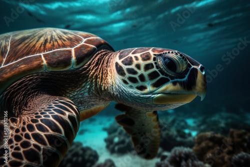 Graceful Sea Turtle Portrait Swimming in the Ocean