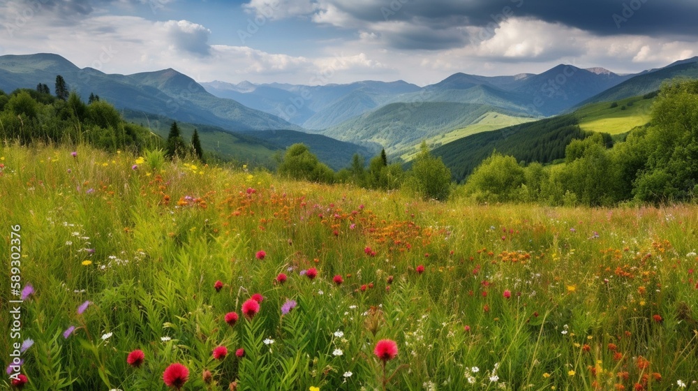 A beautiful meadow of wildflowers in the foreground and mountains in the background looks incredibly picturesque and attractive. The meadow is covered with dense green grass, which Generative AI