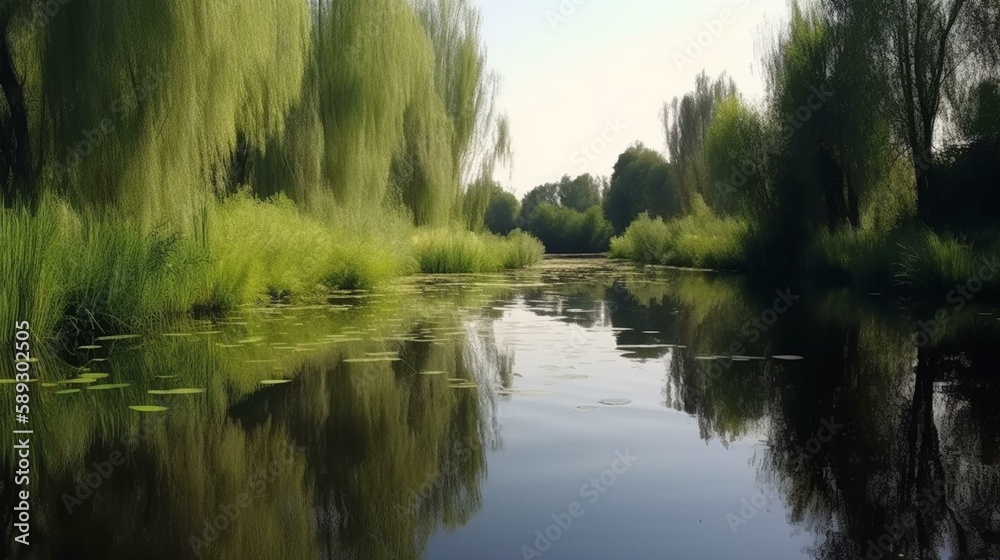 Fototapeta premium Nature - beautiful, picturesque, amazing. River - young, clean, transparent. Reeds - tall, green, swaying. Lilies - white, delicate, fragrant, beautiful. Willow - branching, green, Generative AI