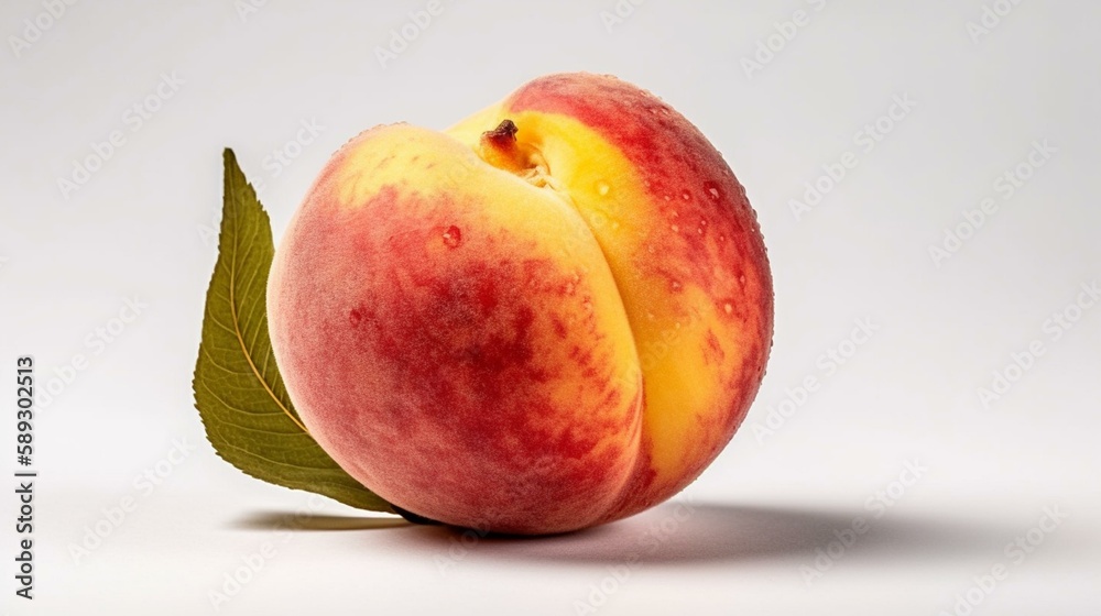 A beautiful ripe peach on a white background looks incredibly appetizing and attractive. Its shape is round and symmetrical, and the color is bright and juicy. The peach looks fres Generative AI A beautiful ripe peach on a white background looks incredibly appetizing and attractive. Its shape is round and symmetrical, and the color is bright and juicy. The peach looks fres Generative AI
