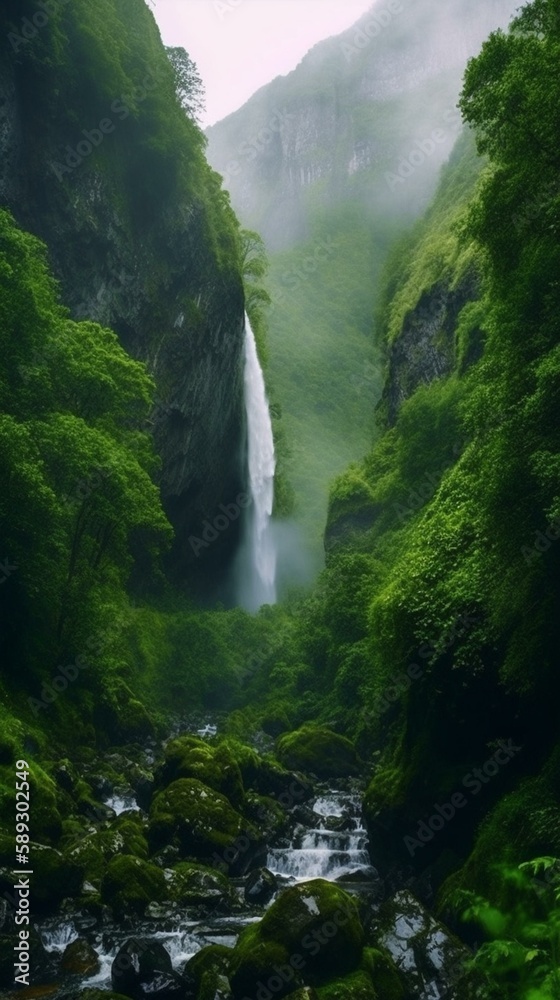 Nature, beautiful, around, highest waterfall, green, rocks, beautiful, powerful, stunning, magnificent, waterfalls, multilevel, loud, wild, waters, fresh, transparent, green, cryst Generative AI