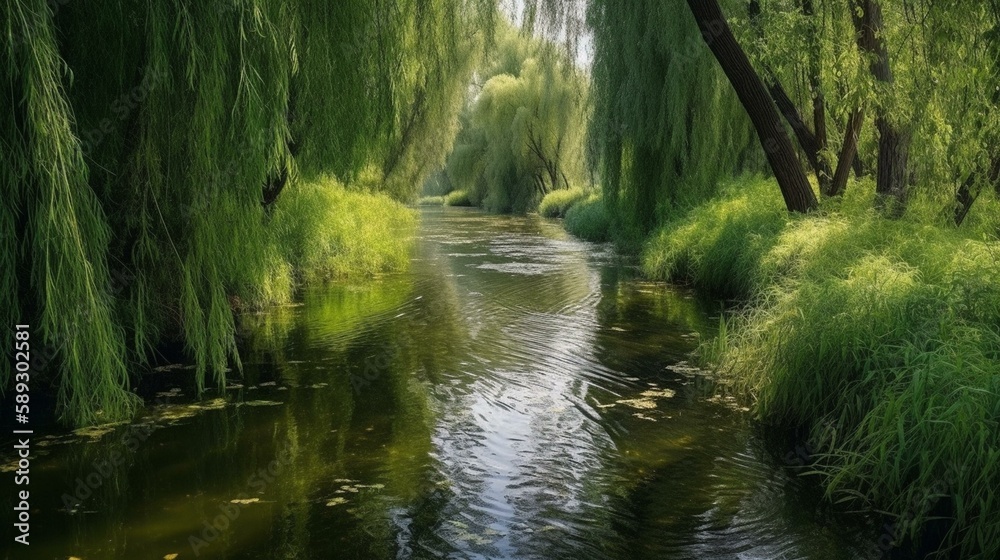 Obraz premium Nature - beautiful, picturesque, amazing. River - young, clean, transparent. Reeds - tall, green, swaying. Lilies - white, delicate, fragrant, beautiful. Willow - branching, green, Generative AI