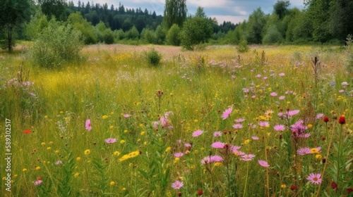 Meadow, beautiful, nature, greenery, multicolored, wildflowers, field, bright, saturated, summer, grasses, picturesque, fragrance, freshness, landscape, tranquility, softness, beau Generative AI