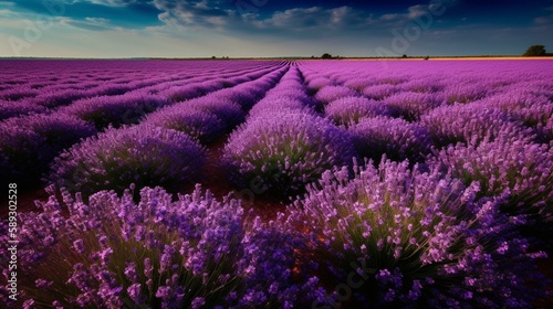 Lavender field - beautiful, violet, fragrant, endless. Flowers - fragrant, violet, beautiful, dense. Scent - soft, delicate, summery. Sky - blue, clear, cloudless. Sun - bright, wa Generative AI