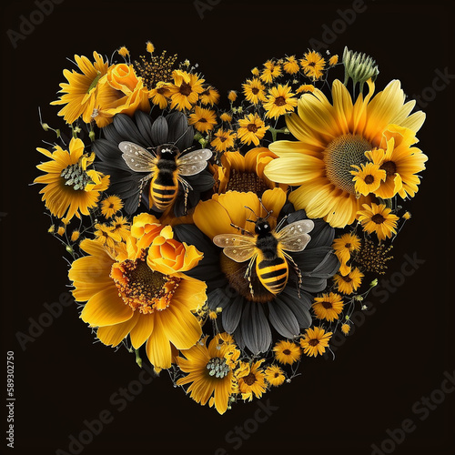 yellow flowers with a heart and many bees