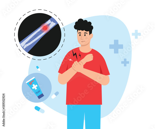 Vector illustration of a guy with a pain in his arm. Cartoon scene with a guy with muscle or joint pain, x-ray image, painkiller cream, pills isolated on white background.