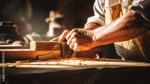 A skilled carpenter meticulously works in his sunlit workshop, showcasing his craftsmanship and expertise as he creates masterpieces in wood on a bright, sunny day.      .Generative AI