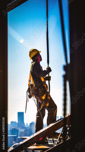 Wallpaper Mural Determined iron worker with helmet and gloves masters the heights, diligently working on a building's framework, epitomizing skill and commitment in the trade. Generative AI Torontodigital.ca