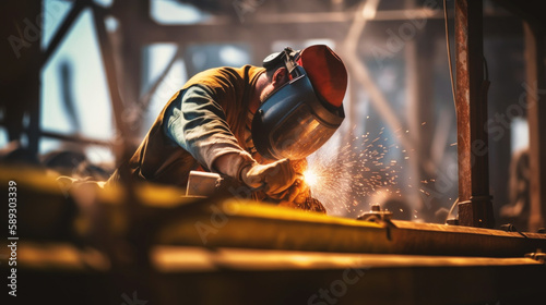 A skilled welder, donning a welding mask and gloves, expertly works on a metal piece in his workshop, showcasing craftsmanship and professionalism in the trade. Generative AI