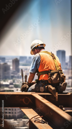 Determined iron worker with helmet and gloves masters the heights, diligently working on a building's framework, epitomizing skill and commitment in the trade. Generative AI © neo