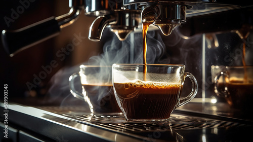 Professional coffee maker machine brewing fresh espresso coffee in cafe. Generative Ai
