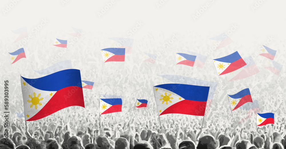 Obraz premium Abstract crowd with flag of Philippines. Peoples protest, revolution, strike and demonstration with flag of Philippines.