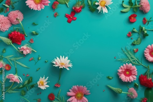 Blooming Beauty: Flatlay of Different Pink Flowers on a Cyan Background