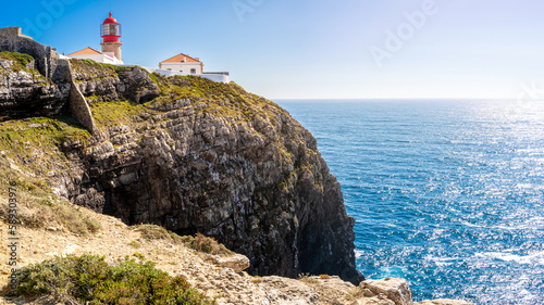 Perched atop the rugged headland of Cabo de São Vicente, the Farol do Cabo de São Vicente lighthouse offers a breathtaking panoramic view of the Atlantic Ocean at southwesternmost point of europe.