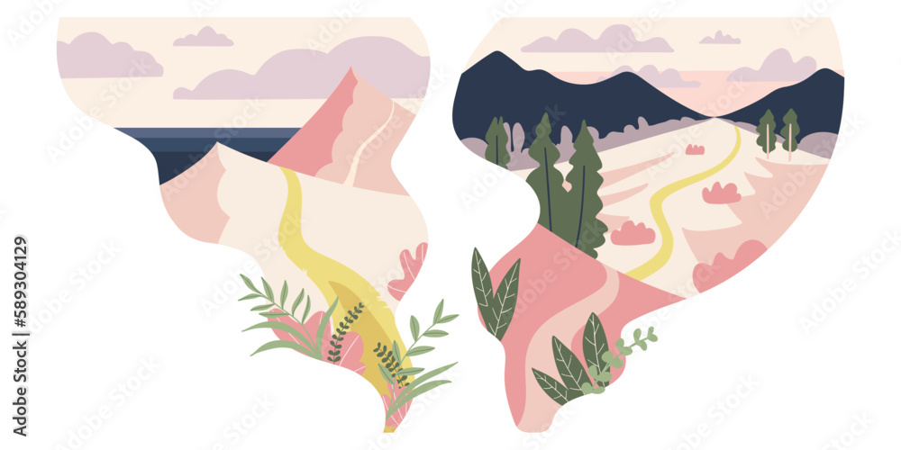 Abstract hand painted breathtaking view mountains nature vector poster in pastel colors. Contemporary flat illustration. Beautiful travel illustration in simple modern style