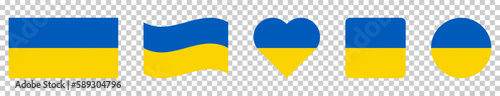 Ukraine flag in different shapes in national colors. Vector illustration isolated on transparent background
