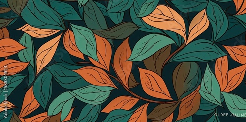 Minimalist backgrounds with floral patterns  featuring orange  teal  and green leaves for versatile use. Generative AI