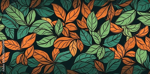 Minimalist backgrounds with floral patterns, featuring orange, teal, and green leaves for versatile use. Generative AI © Gelpi