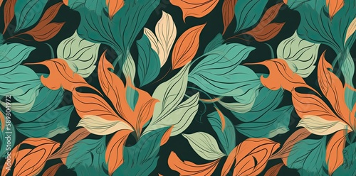 Minimalist backgrounds with floral patterns  featuring orange  teal  and green leaves for versatile use. Generative AI