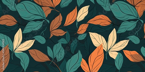 Minimalist backgrounds with floral patterns, featuring orange, teal, and green leaves for versatile use. Generative AI