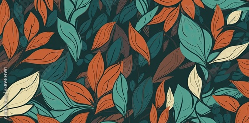 Minimalist backgrounds with floral patterns, featuring orange, teal, and green leaves for versatile use. Generative AI