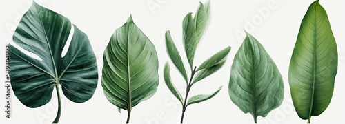 White backdrop with green leaves from multiple plants  styled in tropical symbolism. Generative AI