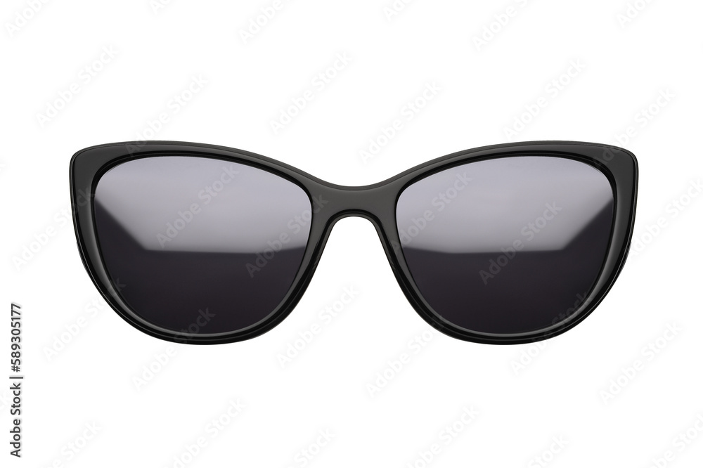 Sunglasses isolated on white background. Mockup sunglasses front view closeup design for applying on a portrait. Black glasses shape cat eye. Fashionable modern vintage accessory eyewear in retro