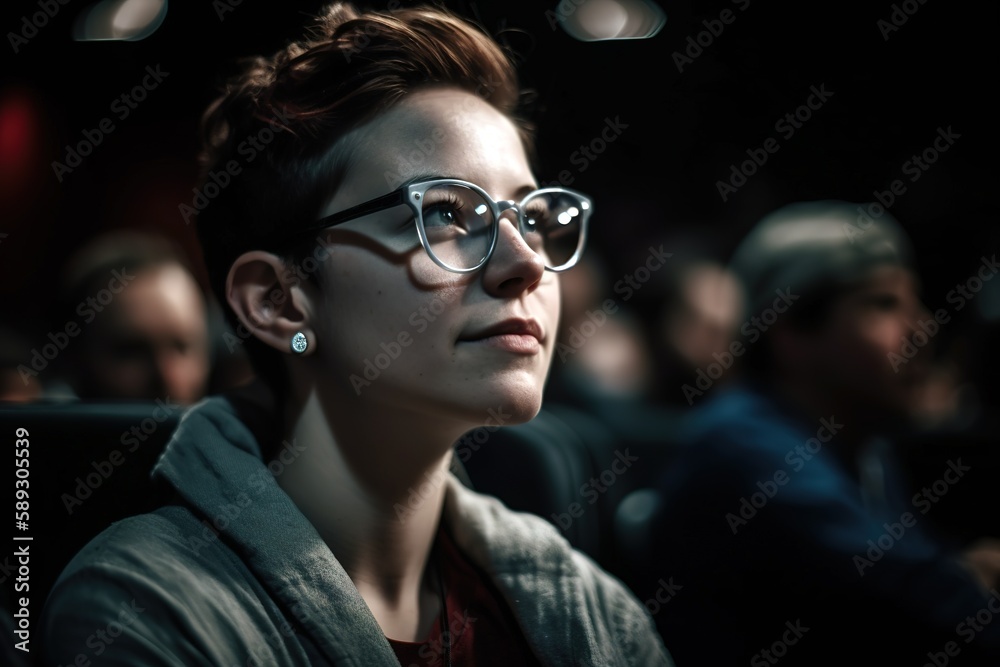 Young non binary person enjoying movie in the cinema. Close up shot. Generative AI Young non binary person enjoying movie in the cinema. Close up shot. Generative AI