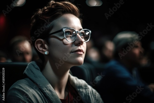 Young non binary person enjoying movie in the cinema. Close up shot. Generative AI