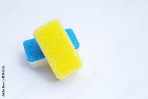 Cleaning kitchen dishwashing sponge. Copy space