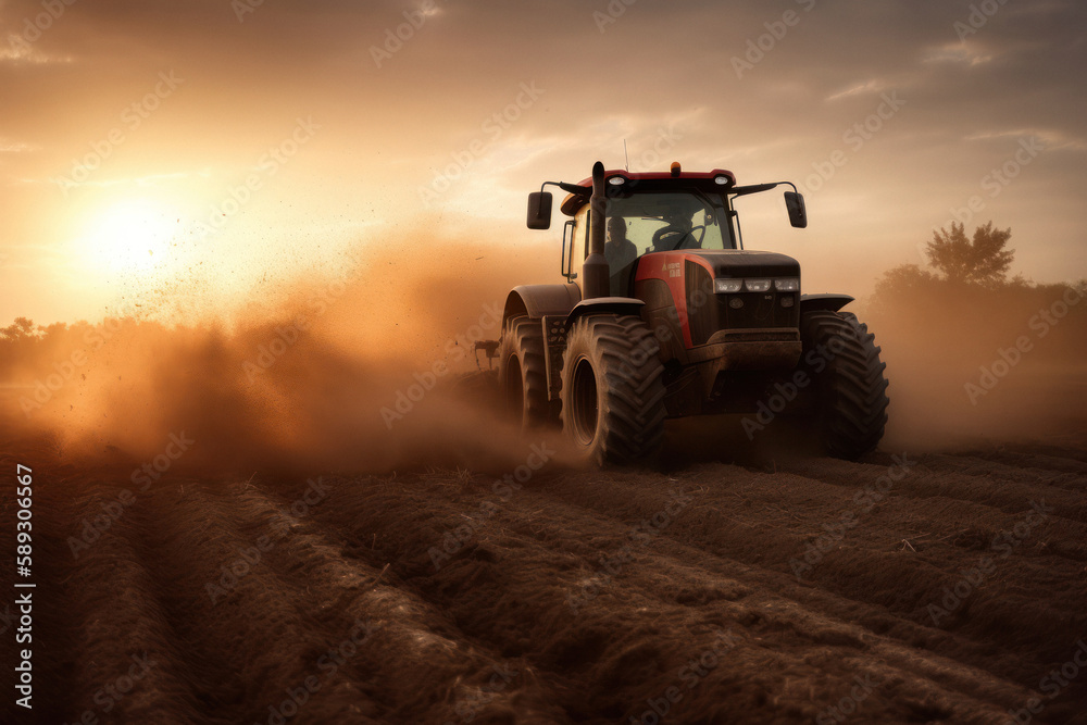 Striking Tractor in Action on Dusty Field at Sunset Striking Tractor in Action on Dusty Field at Sunset