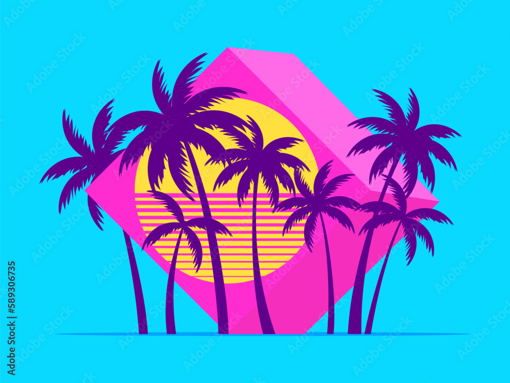 3d cube with palm trees at sunset in the style of the 80s. Futuristic advertising banner with palm trees in virtual reality, metaverse. Synthwave and retrowave style. Vector illustration