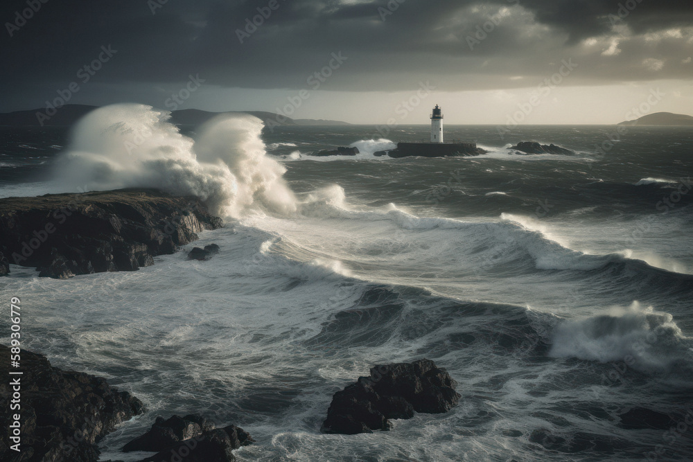 Fototapeta premium Powerful Ocean Waves with Lighthouse
