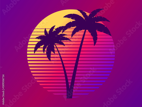 Two palm trees on a sunset 80s retro sci-fi style. Summer time. Futuristic sun retro wave. Design for advertising brochures, banners, posters, travel agencies. Vector illustration