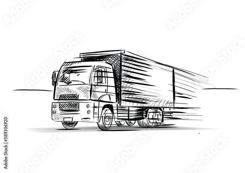 One line drawing of modern big trailer truck with container. Courier cargo delivering vehicle transportation concept. 