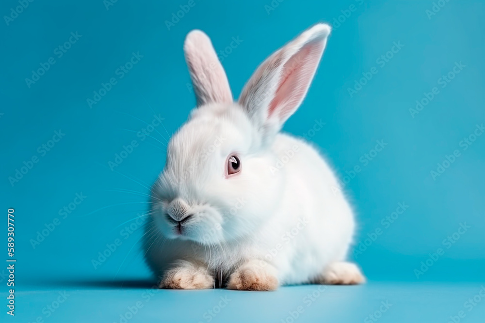 Obraz premium cute white bunny rabbit on blue background