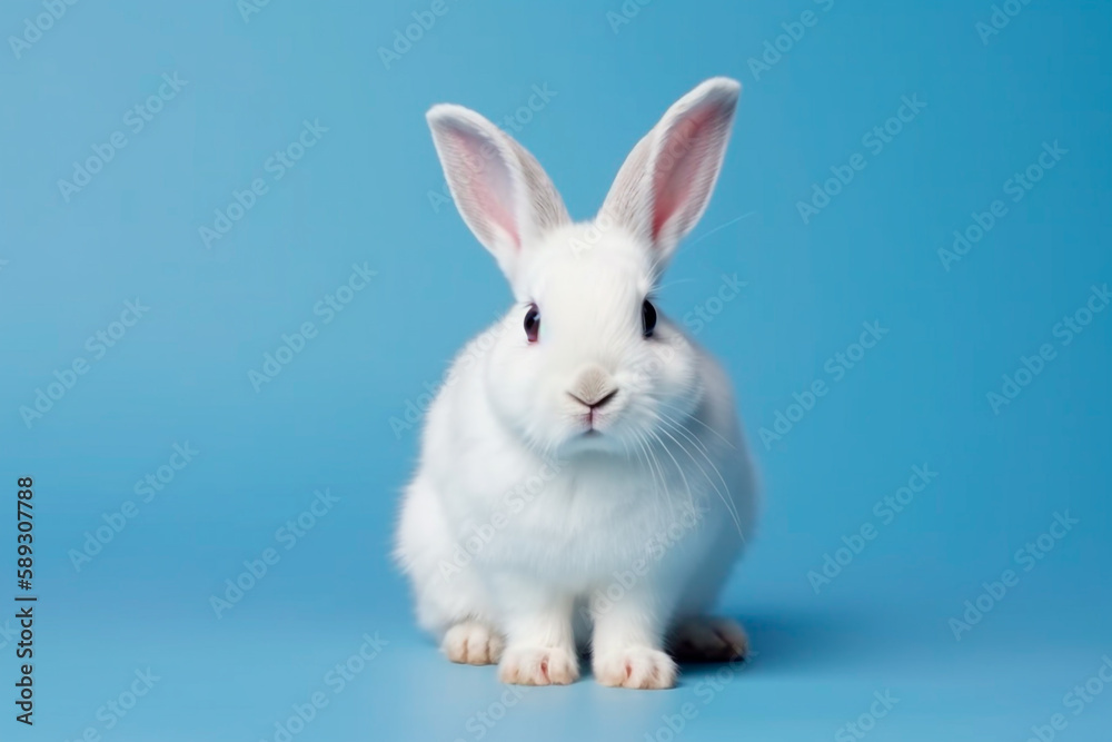 cute white bunny rabbit on blue background