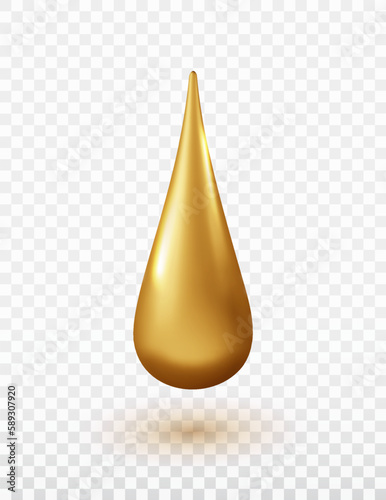 Golden oil droplet isolated on white background. Realistic collagen essence, 3d vitamin icon. Healthcare and medicine concept.