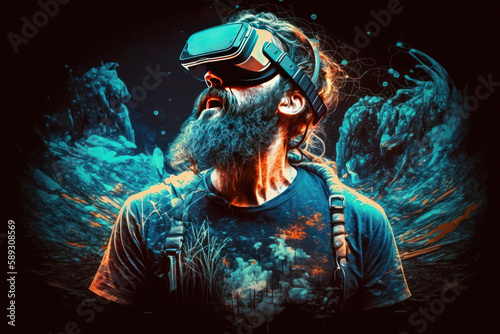 The digital community, cryptocurrency, and entertainment metaverse concept converge as a male enjoys playing a game with VR virtual reality goggles in a 3D cyberspace environment."