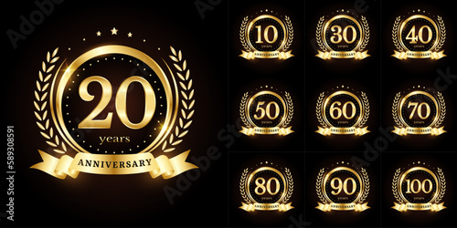 Anniversary golden luxury number emblem logo symbol vector graphic badge for a birthday, age, corporate business, wedding, certificate, year, event